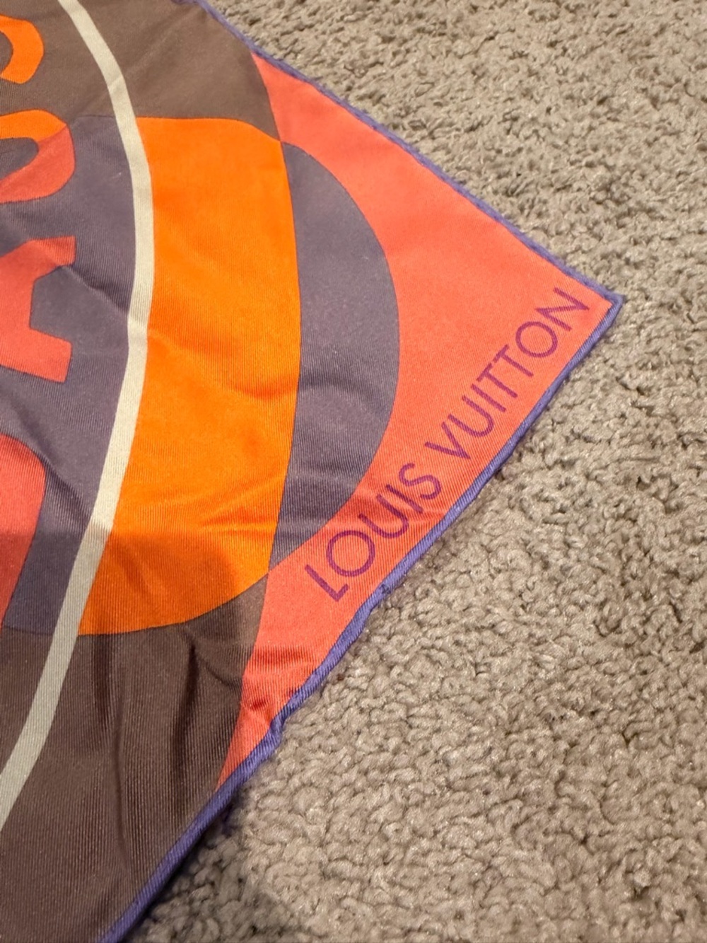 Louis Vuitton Purple, Orange & Brown Silk Logo Scarf - Picture 2 of 5